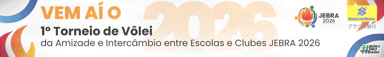 Banner de divulgação do 1º Torneio de Vôlei da Amizade e Intercâmbio JEBRA 2026. A imagem contém os logotipos dos organizadores e patrocinadores, como o Banco do Brasil.