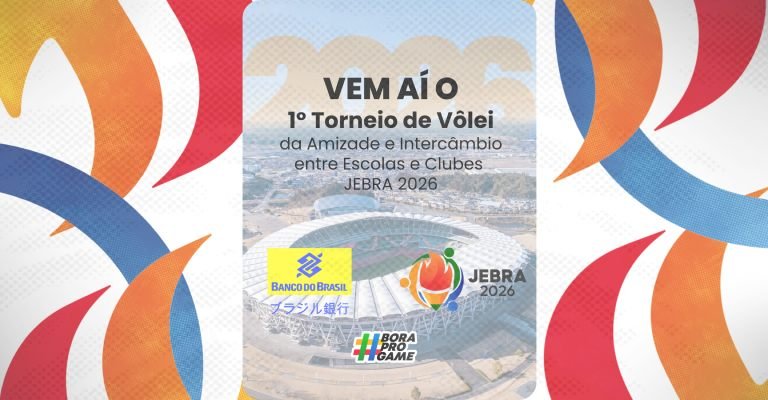 Banner de divulgação do 1º Torneio de Vôlei da Amizade e Intercâmbio JEBRA 2026. A imagem contém os logotipos dos organizadores e patrocinadores, como o Banco do Brasil.